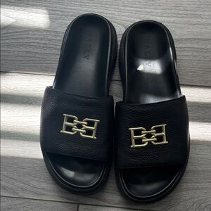Bally Black Slides with Gold Emblem